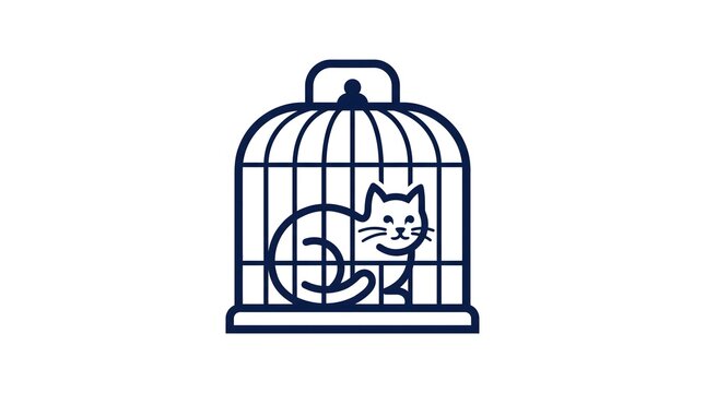 A minimalist blue line art illustration of a domestic cat sitting inside a birdcage, symbolizing confinement, restriction, isolation, or paradoxical concepts.