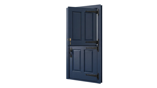 Traditional navy blue Dutch door with black iron hardware, classic split stable door for cottage entryway, elegant navy blue wooden exterior door isolated PNG with Transparent Background