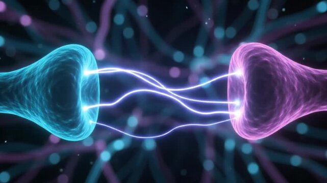 Glowing blue and purple neural network synapses and brain cell activity motion graphic