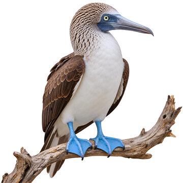 Blue footed booby perched on a branch detailed plumage on transparent background