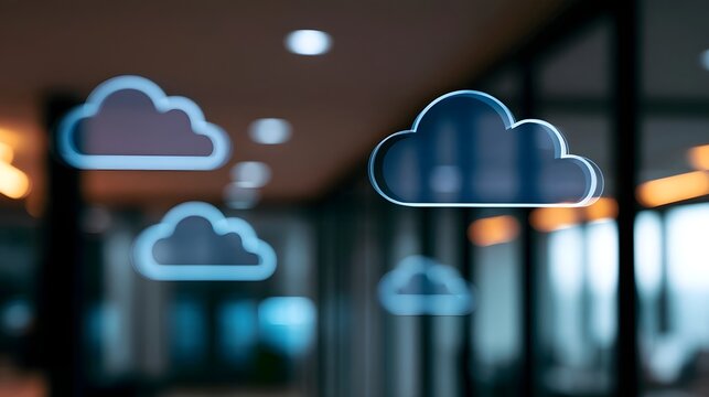 Blue cloud icons float in a modern office hallway with blurred background lighting and glass partitions