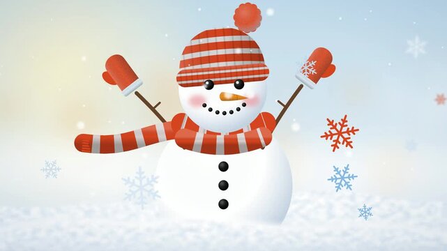 Cheerful Snowman in Winter Wonderland, Animated Snowflakes, Festive Holiday Scene, Snowy Background, Winter Cheer, Christmas Animation, Cute Snowman Character