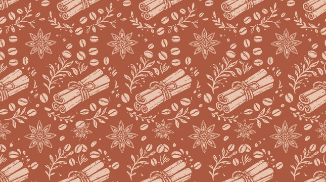 Decorative cinnamon sticks and star anise pattern on brown