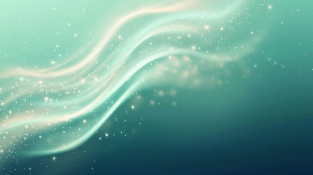 Abstract mint green background with flowing light wave and sparkling glitter particles