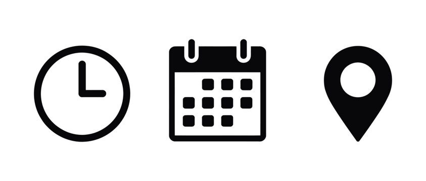 Time date and location icon set, clock calendar and map pin vector symbols representing schedules, appointments, events, navigation, and addresses.