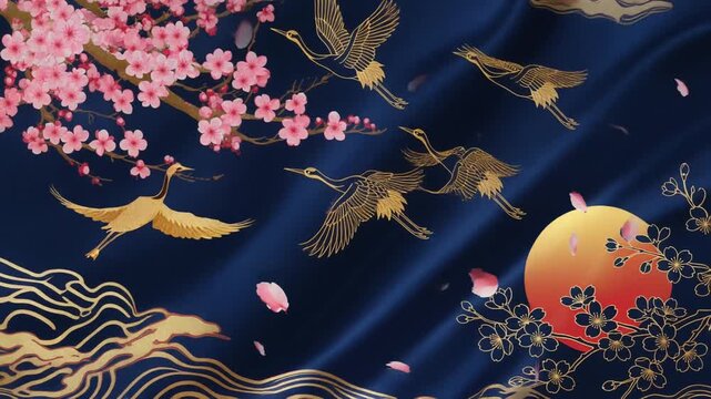 A luxurious Japanese-style background frame featuring a gold crane, a red sun, and cherry blossoms on a navy blue background