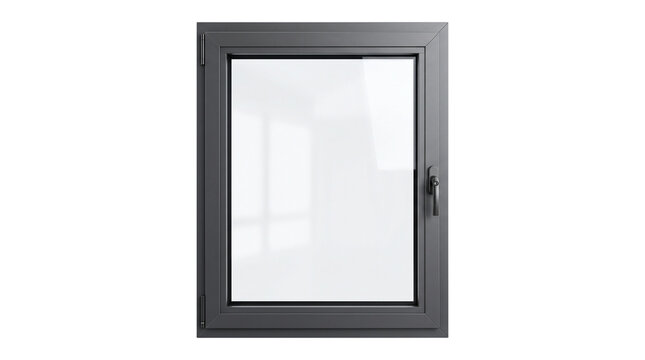 Modern anthracite aluminum window frame, contemporary dark grey metal casement with glass pane, architectural house exterior hardware isolated PNG with Transparent Background