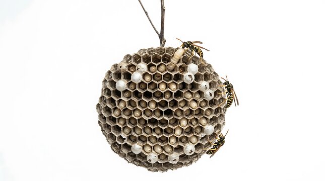 A detailed wasp nest hanging from a twig showing hexagonal cells with larvae and adult paper wasps isolated on white background