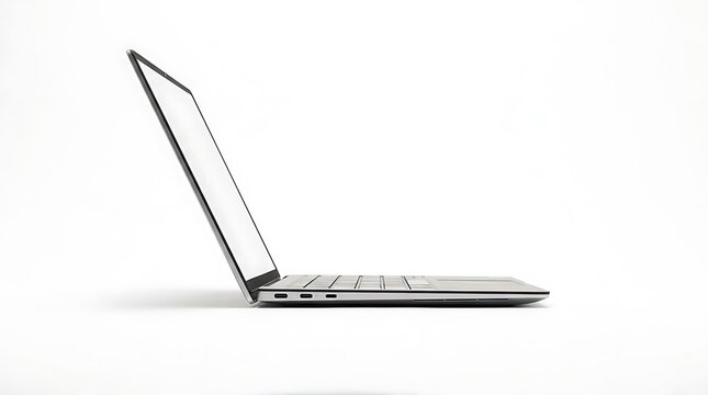 Modern thin laptop computer shown from profile side view on a clean white background with visible usb c ports