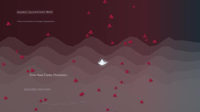 Stylized animation of the blue ocean business strategy showing a white paper boat escaping a red sea of competitors to discover an uncontested market space through value innovation