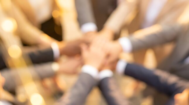 Diverse business team stacking hands together in unity symbolizing strong corporate collaboration, partnership, and teamwork