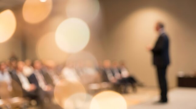 Business conference speaker presenting on stage with blurred audience and golden lights bokeh effect in large meeting room