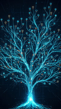 Digital network tree growing from a glowing data root