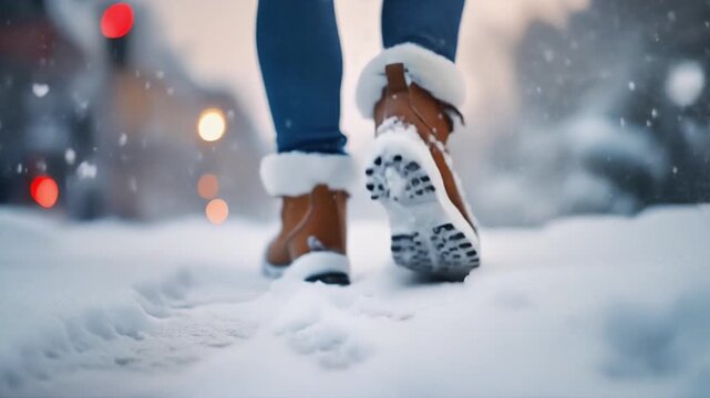 Low angle close up of person walking on snow wearing warm winter boots
