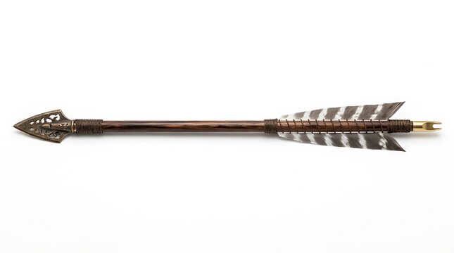 Ornamental ancient arrow with intricately carved metal arrowhead and feathered fletching isolated on white background