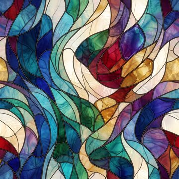 Abstract contemporary stained glass pattern with colorful translucent fluid shapes for fashion and textile print
