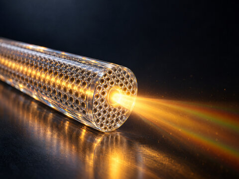 3D photonic crystal fiber nonlinear optics concept, translucent microstructured air-hole cladding with glowing supercontinuum fiber core light beam with copy space