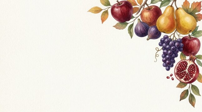 Watercolor fruit border design with apples pears grapes and pomegranate