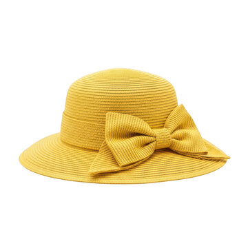 Yellow straw sun hat with a large bow, worn for summer protection and fashion accessory.