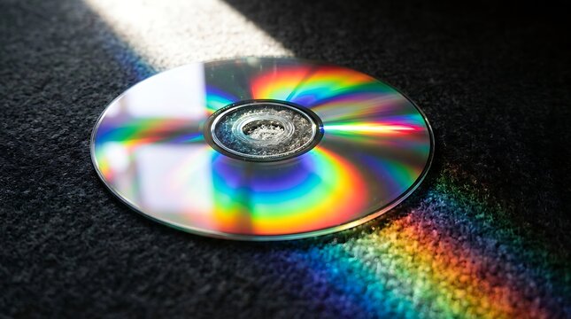 Compact disc reflecting vibrant rainbow light spectrum and diffraction colors on dark carpet surface