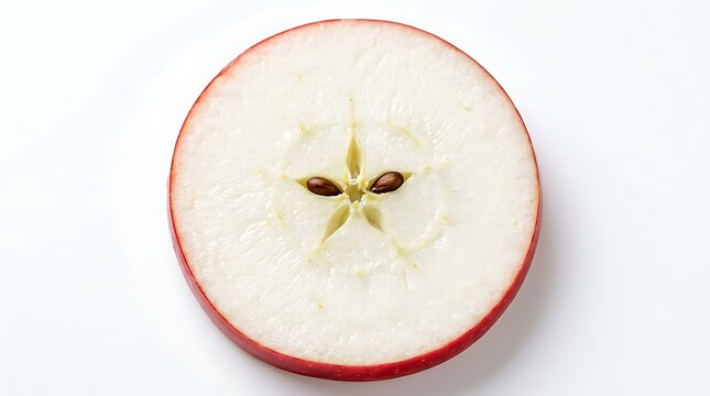 Fresh red apple slice revealing star shaped core and brown seeds isolated on white background