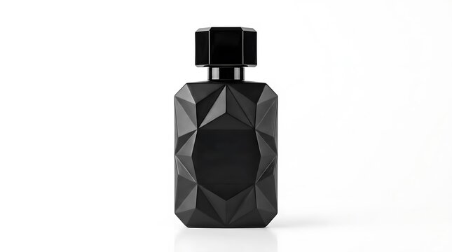 Elegant geometric black perfume bottle isolated on white background