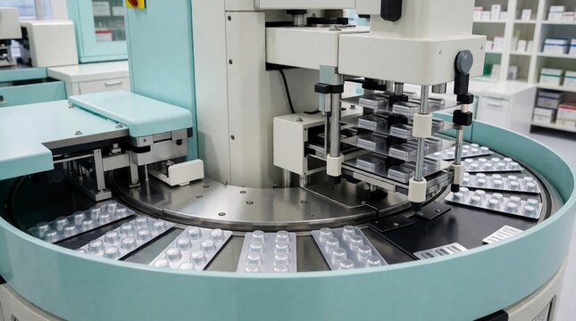 Automated pharmaceutical blister packaging machine processing medication tablets in a factory facility