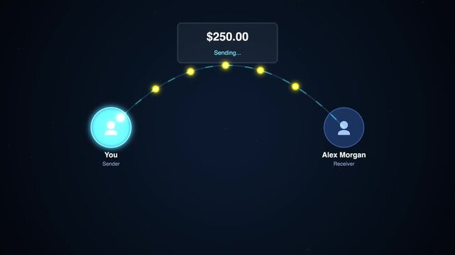 Digital money transfer animation, online payment transaction between sender and receiver, electronic fund transfer interface with dollar amount