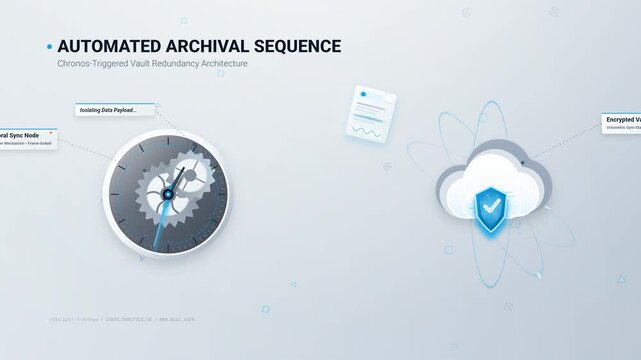 3D animation of an automated archival sequence showing a temporal sync node processing data payload and transferring it to a secure encrypted cloud vault for redundant storage and cyber protection
