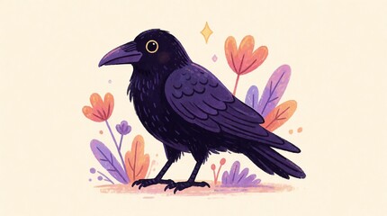 Obraz premium Stylized illustration of a black crow standing among colorful abstract flowers on a light background