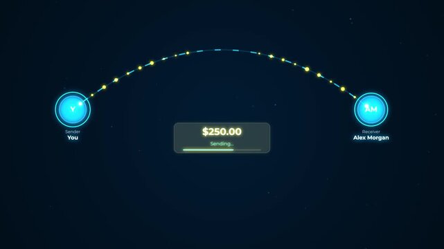 Digital money transfer animation, online banking transaction interface, electronic payment processing between sender and receiver, fintech concept