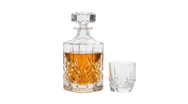 Crystal whiskey decanter with amber liquor and matching glass, elegant lead glass carafe for scotch or bourbon, luxury barware set on white background