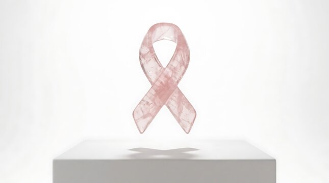 Intricate pink wire-mesh awareness ribbon floating above a white pedestal, soft studio lighting, pure white background