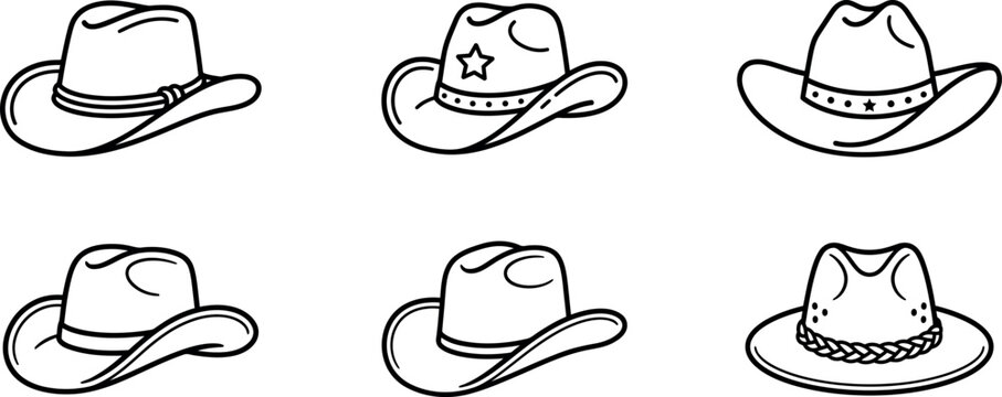 Collection of six vintage cowboy hats in a simple black and white sketch style