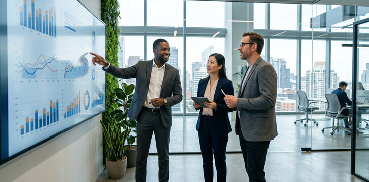 Diverse business team analyzing financial charts on a large screen in modern office