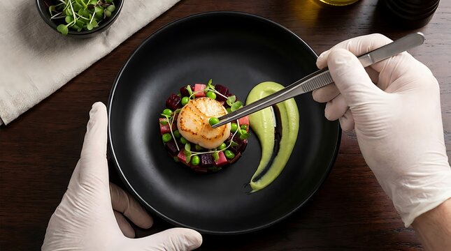Chef plating gourmet seared scallop with tweezers on a black plate with green puree and fresh beetroot tartare