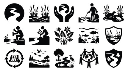 Fototapeta premium Set of river and wetland conservation icons