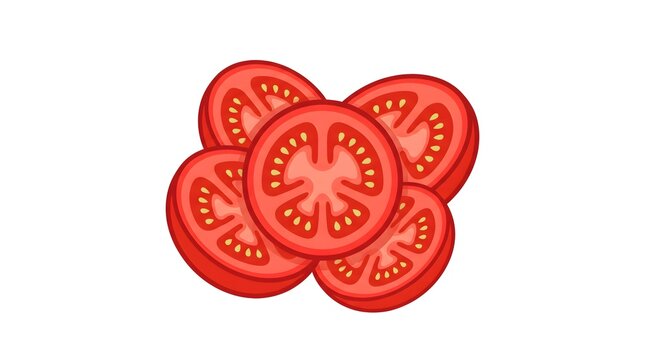 A top view illustration of multiple fresh red tomato slices stacked together, featuring detailed seeds and juicy texture, isolated on a clean white background
