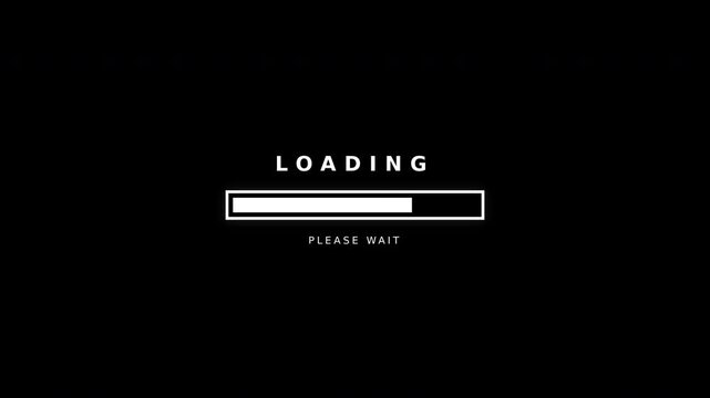 Minimalist loading bar with white progress indicator and please wait text on black background, concept for digital buffering, ideal for user interface design and tech presentations.