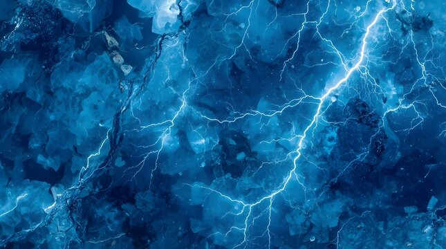Mysterious abstract background of ice and lightning: glowing blue thunder, mineral, and frozen texture