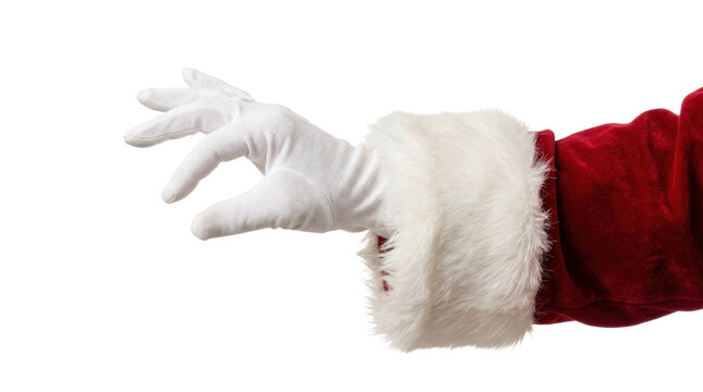 Santa Claus hand in white glove reaching for something, red velvet sleeve with white fur trim, Christmas character arm gesture for holiday advertising isolated PNG with Transparent Background