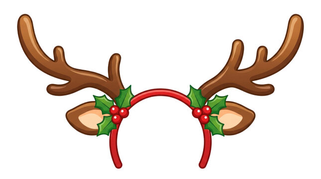 Christmas reindeer antlers headband with holly berries, festive deer horn hair accessory for holiday parties, brown caribou antlers on red band isolated PNG with Transparent Background