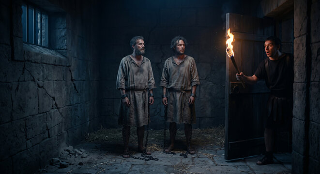 Paul and Silas Praying in Prison as an Earthquake Opens the Doors and Loosens Their Chains, Acts 16 Biblical Story