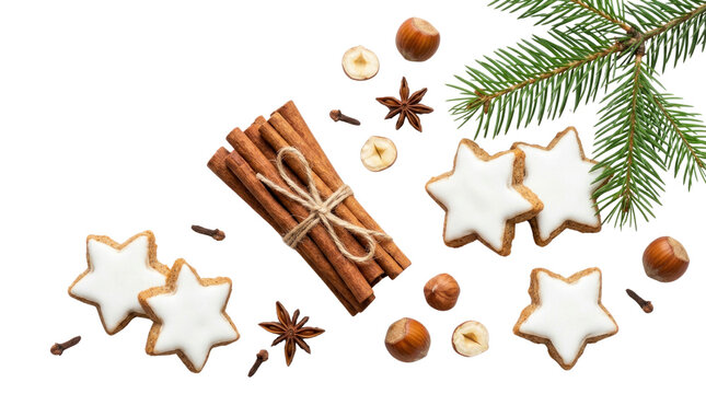 Christmas cinnamon star cookies with winter spices, festive gingerbread biscuits and aromatic cinnamon sticks, seasonal baking ingredients with fir branch isolated PNG with Transparent Background