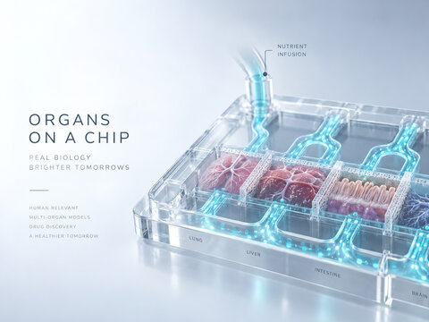 3D microfluidic organ-on-a-chip bio-simulation concept, translucent multi-layer cell culture microchannel with glowing fluidic shear stress stream with copy space