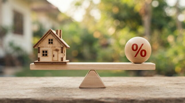 Miniature wooden house model placed on a balanced seesaw scale beside a wooden sphere with red percentage symbol representing current residential mortgage interest rate market trends