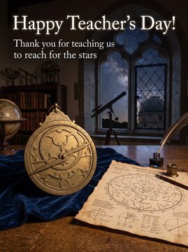Antique astrolabe and astronomical chart on a desk for Teacher Day greeting