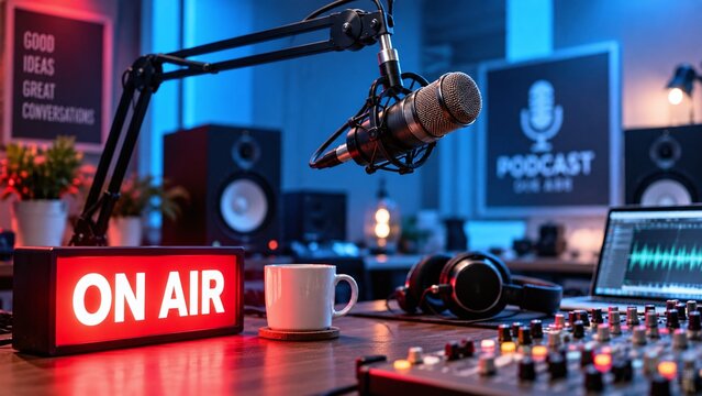 Professional podcast recording studio setup with an illuminated on air sign, microphone, mixing console, and laptop for audio content creation