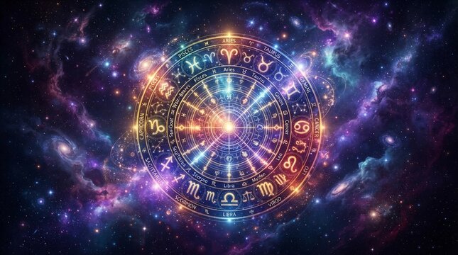 Zodiac wheel displaying colorful astrology symbols arranged in a detailed circular formation against a deep purple and blue nebula background with glowing stars and cosmic dust