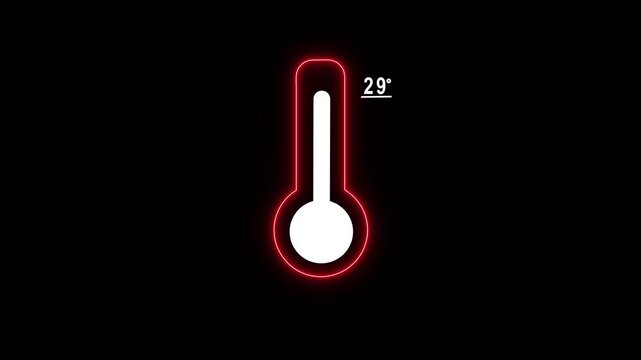 Digital thermometer with 29 degrees celsius reading, minimalist red neon outline for weather and climate data visualization